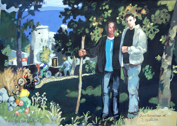 Deux promeneurs et trois cyclistes