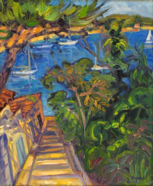 L'anse Mjean  travers les arbres Huile sur toile 73 cm x 60 cm