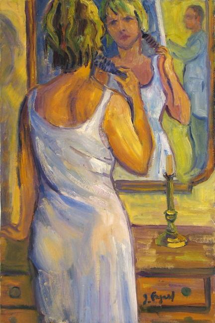 Lucie se coiffant devant un miroir Huile sur toile 81 cm x 54 cm