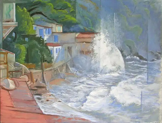 Gros coup de mer au Pin de Galle Gouache 31 cm x 41 cm