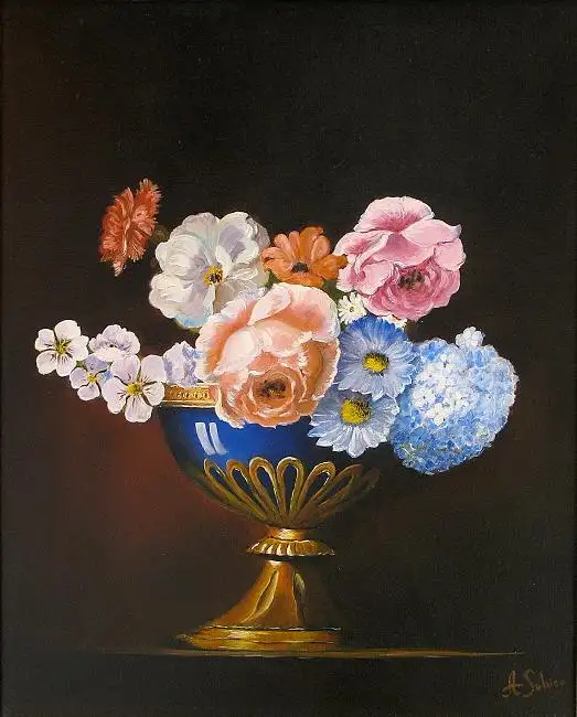 Bouquet de roses au S�vre bleu Huile sur toile 41 cm x 33 cm