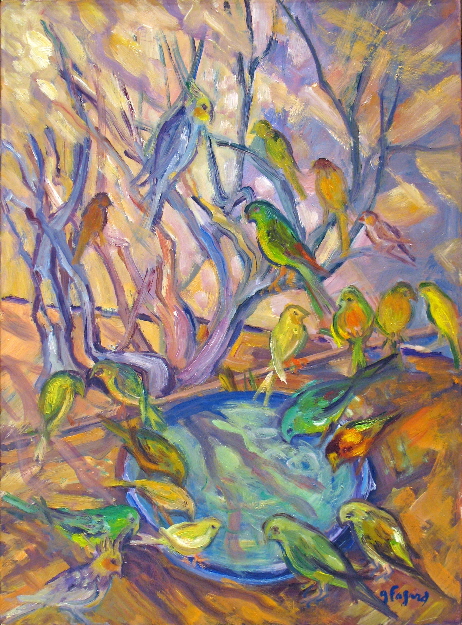 3 - Des oiseaux heureux dans la volire Huile sur toile 81 cm x 60 cm