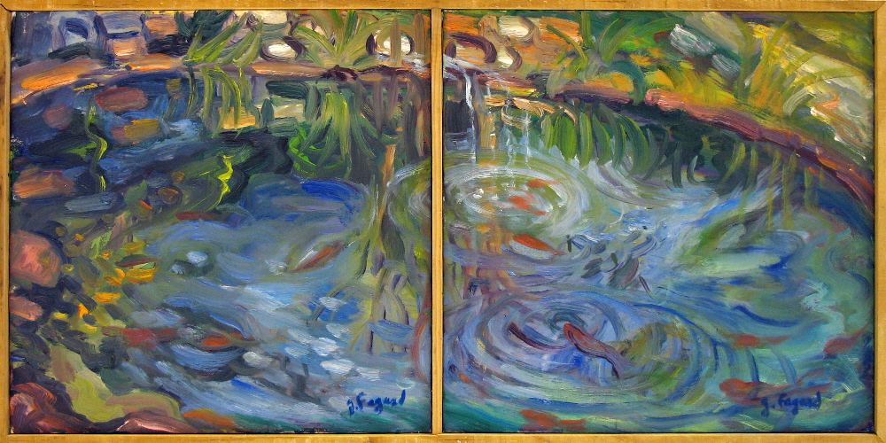 5 - La mare aux poissons rouges 1 Diptyque Huile sur toile 50 cm x 100 cm