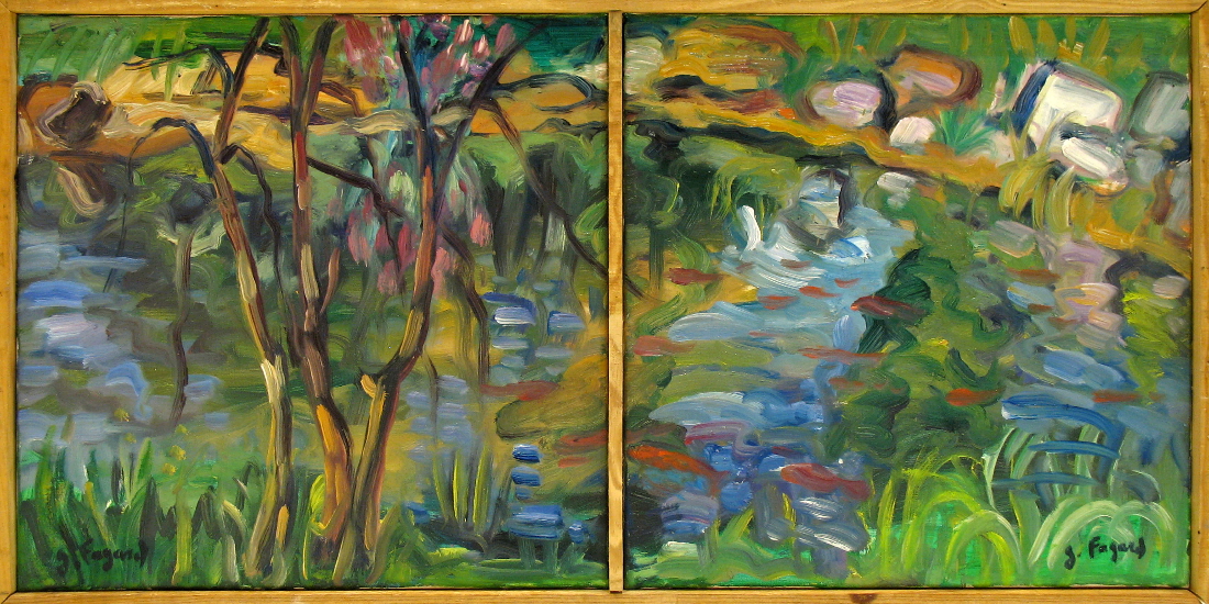 6 - La mare aux poissons rouges 2  Diptyque Huile sur toile 50 cm x 100 cm