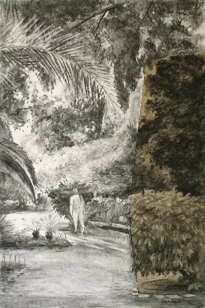 5 - Un coin du parc V  Dessin au fusain 60 cm x 40 cm