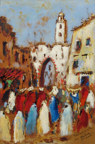 16- Foule  l'entre de la Mdina de Fes Acrylique 34 cm x 225 mm